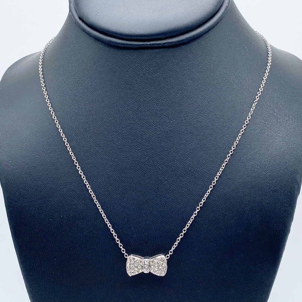 New York & Company Silver Tone Pave Rhinestone Bow Pendant Necklace Adorable 18" - Picture 1 of 6